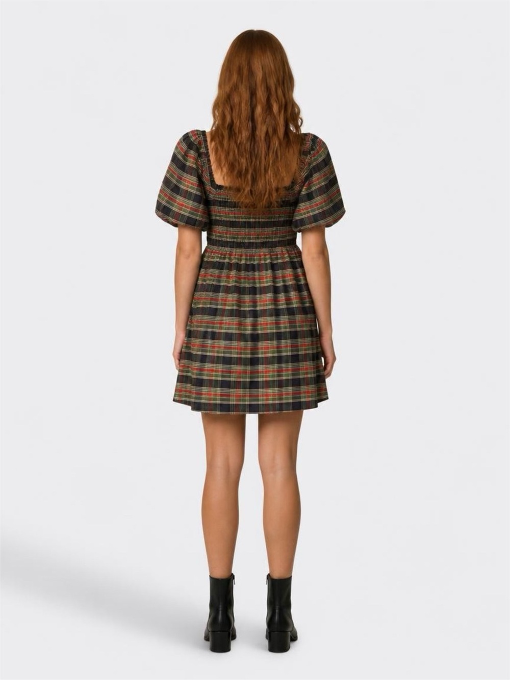 crown & ivy Red and Navy Blue Plaid Puff-Sleeve Square Neck Mini Dress - Picture 2 of 4